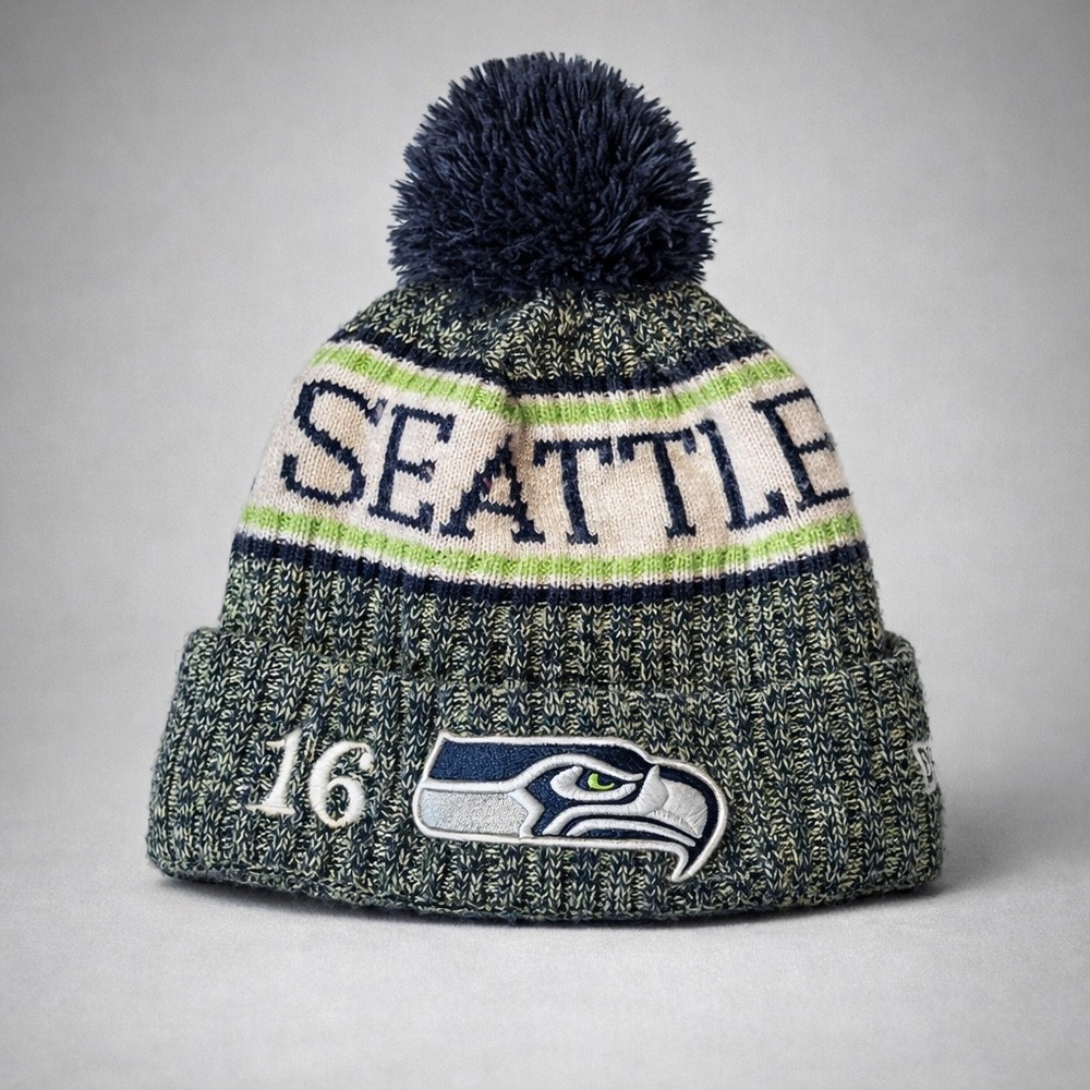 New Era Seattle Seahawks‎ NFL Knit Beanie Hat Pom Cuffed Blue Green
